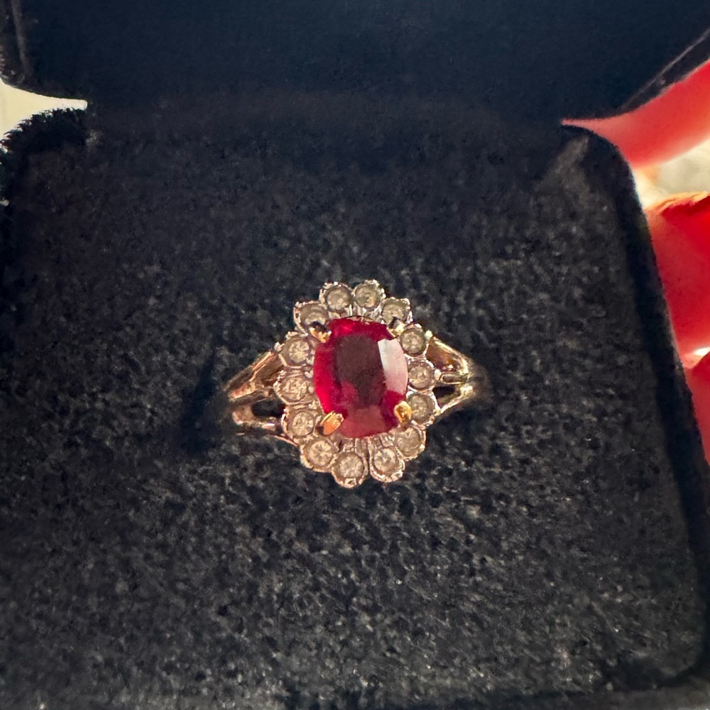 Red Oval Halo Ring with Clear Accents - Women Jewelry